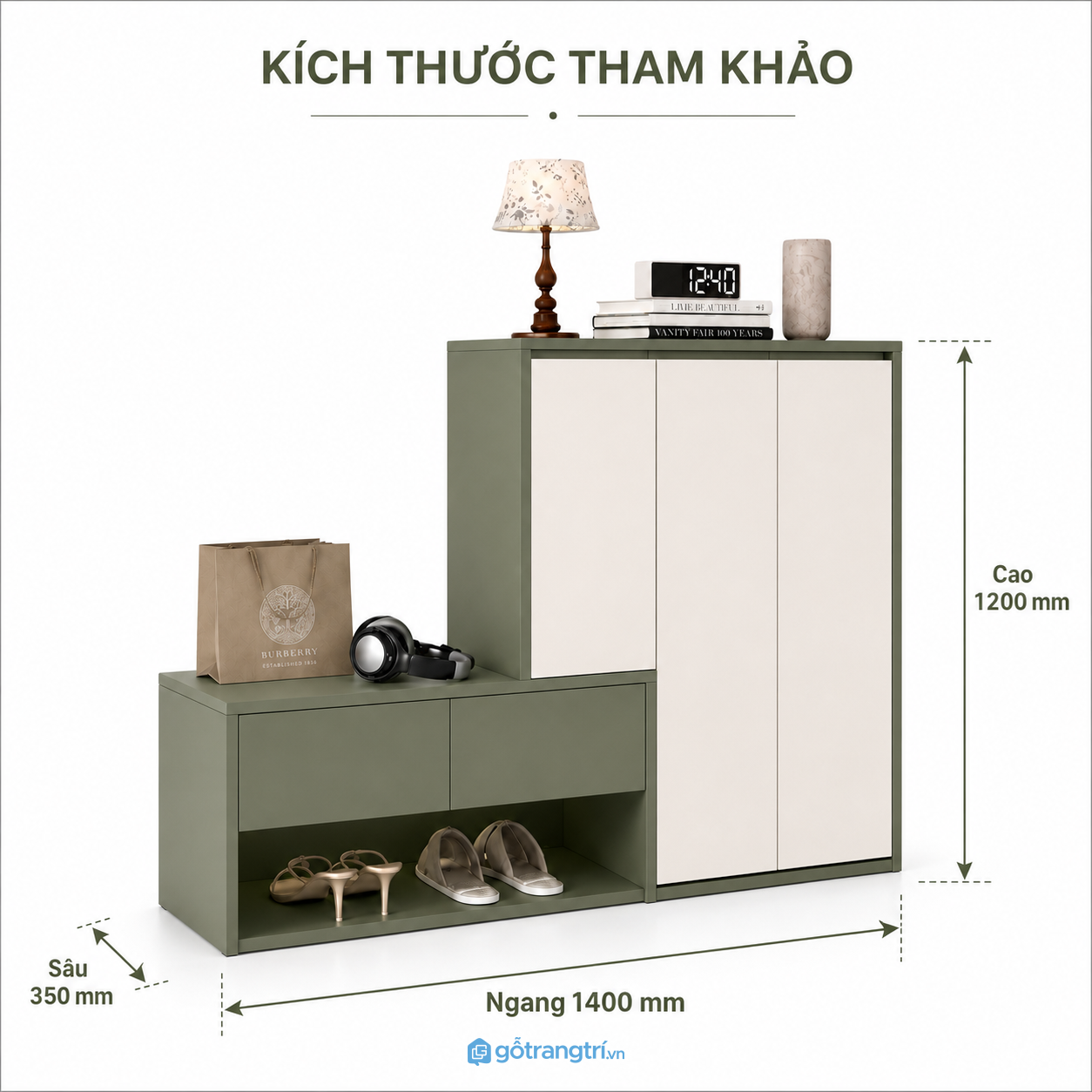 Tủ giày màu xanh olive kết hợp ghế ngồi hiện đại, tiện dùng cho cửa ra vào