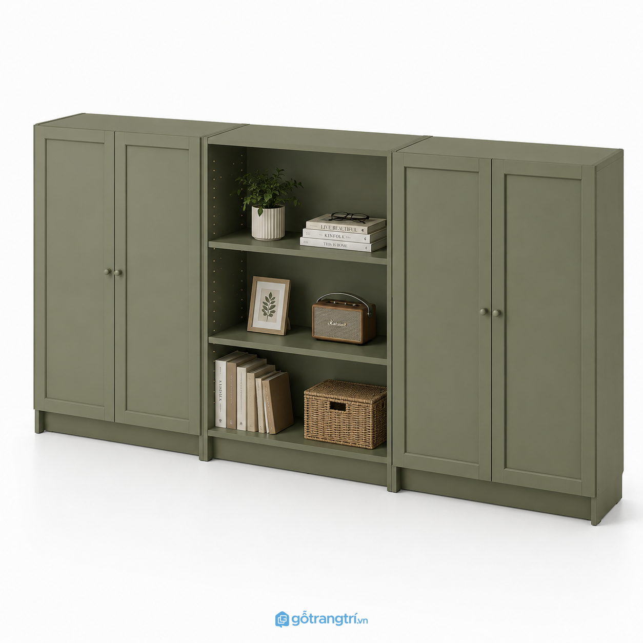 Tủ lưu trữ thấp kết hợp kệ mở màu xanh rêu hiện đại GHS-5067 - 2400x380x1200mm - Xanh olive - GHS-5067