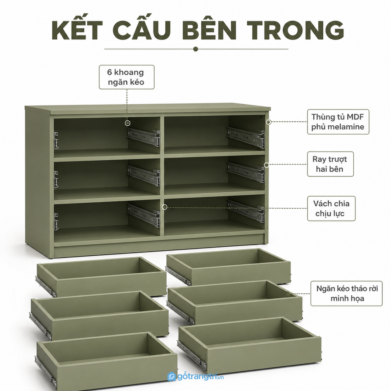 Tủ ngăn kéo 6 hộc hiện đại màu xanh olive GHS-5068 - hình ảnh thực tế 1