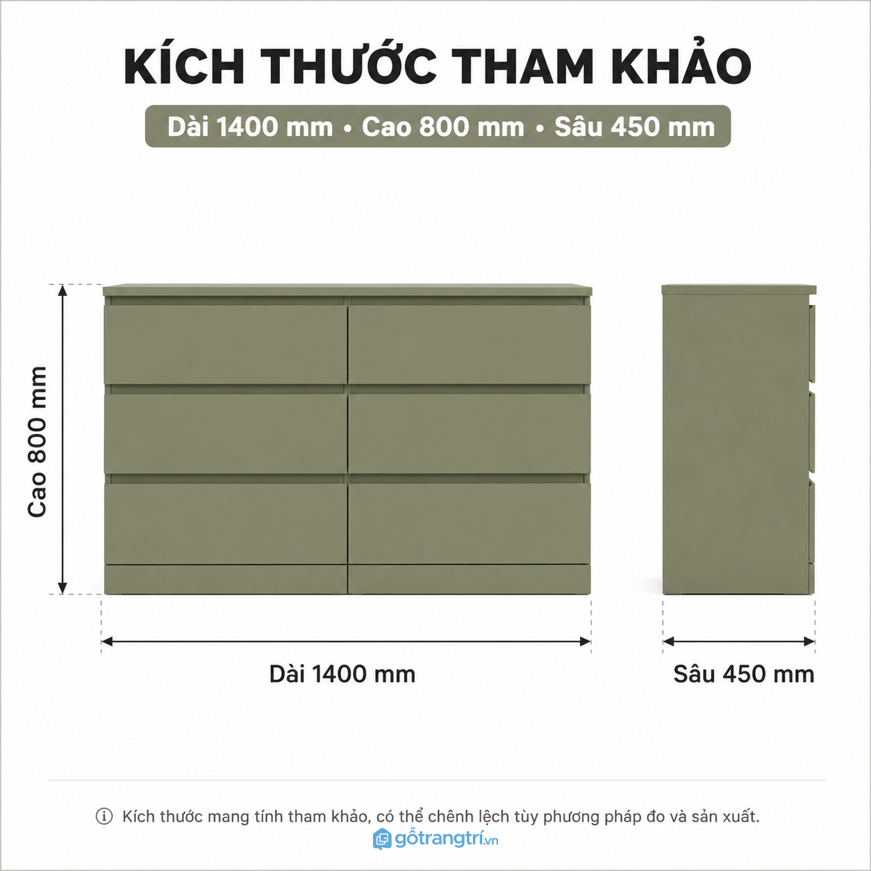 Tủ ngăn kéo 6 hộc hiện đại màu xanh olive – Giải pháp lưu trữ gọn gàng cho phòng ngủ