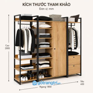 Tủ quần áo khung sắt gỗ đa năng có kệ và ngăn kéo