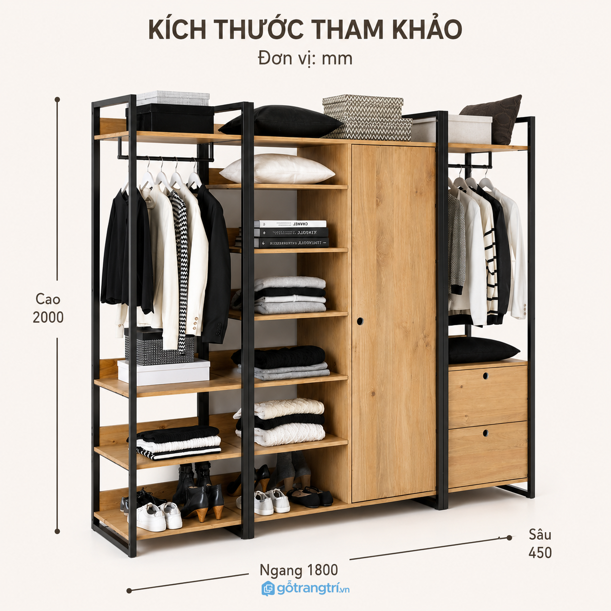 Tủ quần áo khung sắt gỗ đa năng có kệ và ngăn kéo Tủ quần áo khung sắt gỗ đa năng có kệ và ngăn kéo