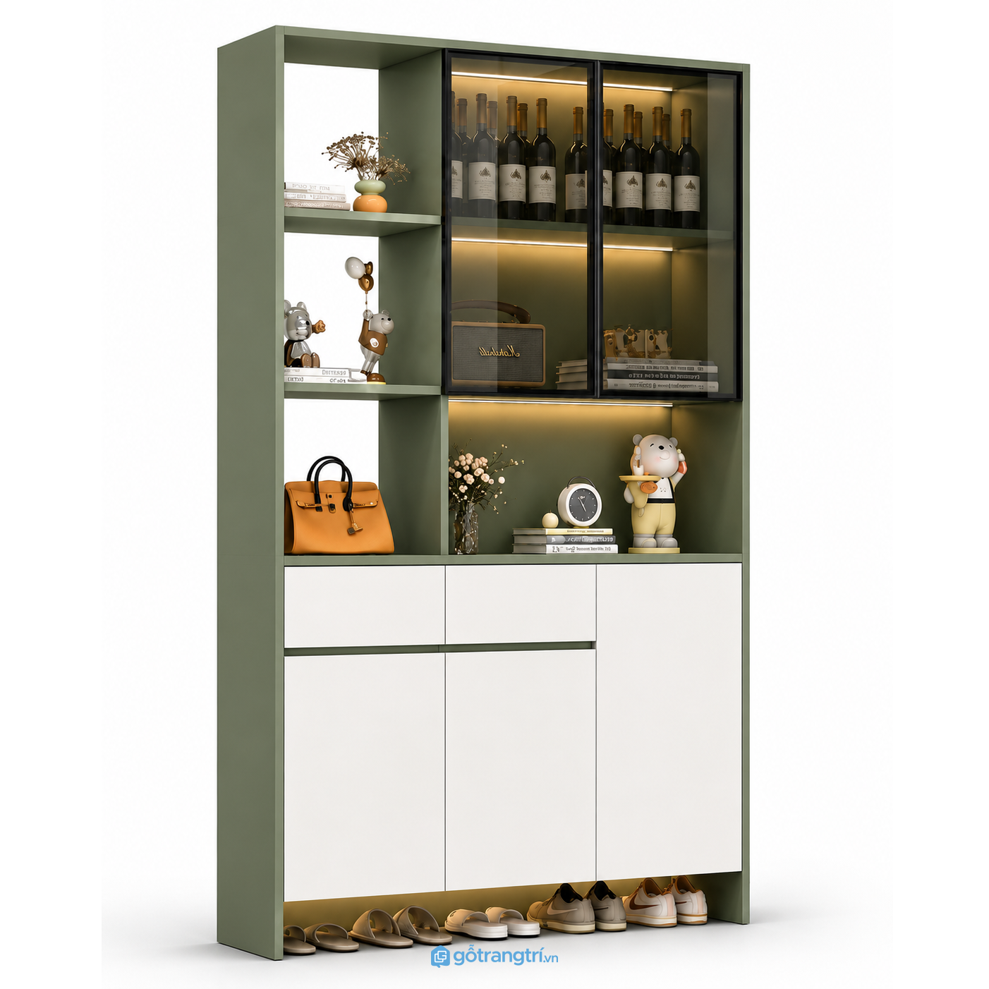 Tủ rượu cánh kính lùa có đèn LED hiện đại GHS-5077 - 100x38x200cm - Xanh olive - GHS-5077a Tủ rượu cánh kính lùa có đèn LED hiện đại GHS-5077 - 100x38x200cm - Xanh olive - GHS-5077a