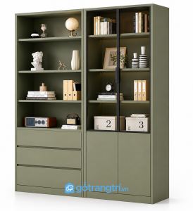 Tủ sách xanh olive cửa kính hiện đại GHS-2007 - 1200x400x2000mm - Xanh olive