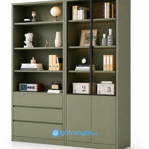 Tủ sách xanh olive cửa kính hiện đại GHS-2007 - 1200x400x2000mm - Xanh olive