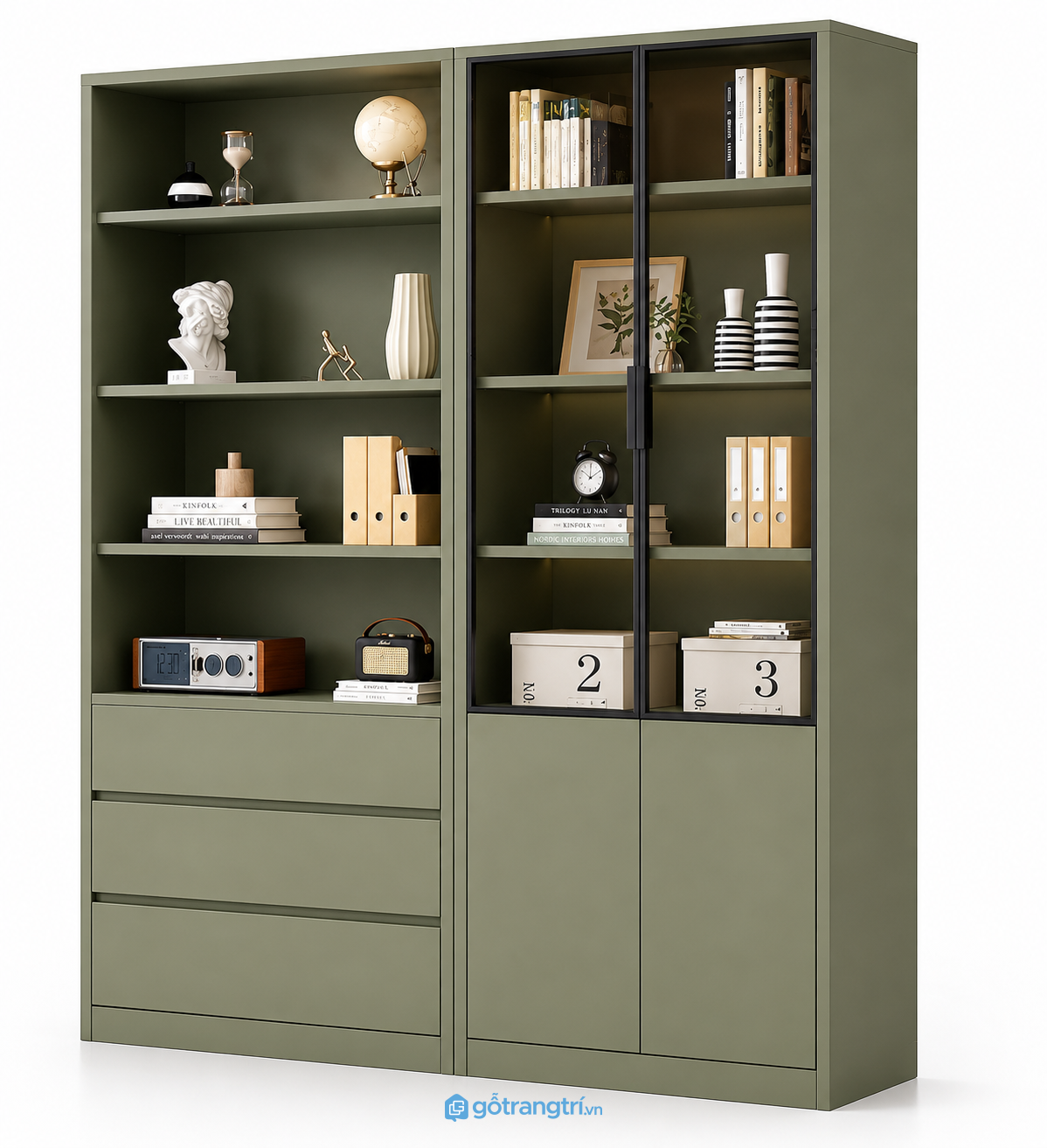 Tủ sách xanh olive cửa kính hiện đại GHS-2007 - 1200x400x2000mm - Xanh olive Tủ sách xanh olive cửa kính hiện đại GHS-2007 - 1200x400x2000mm - Xanh olive