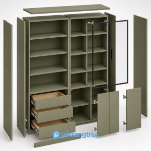 Tủ sách xanh olive cửa kính hiện đại GHS-2007 - hình ảnh thực tế 1