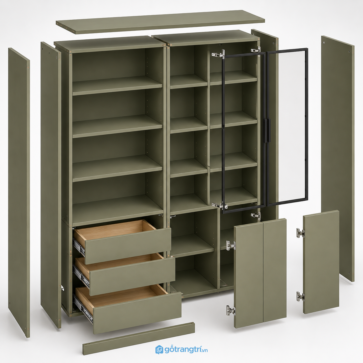 Tủ sách xanh olive cửa kính hiện đại GHS-2007 - hình ảnh thực tế 1 Tủ sách xanh olive cửa kính hiện đại GHS-2007 - hình ảnh thực tế 1