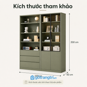 Tủ sách xanh olive cửa kính nhiều ngăn cho phòng khách và phòng làm việc