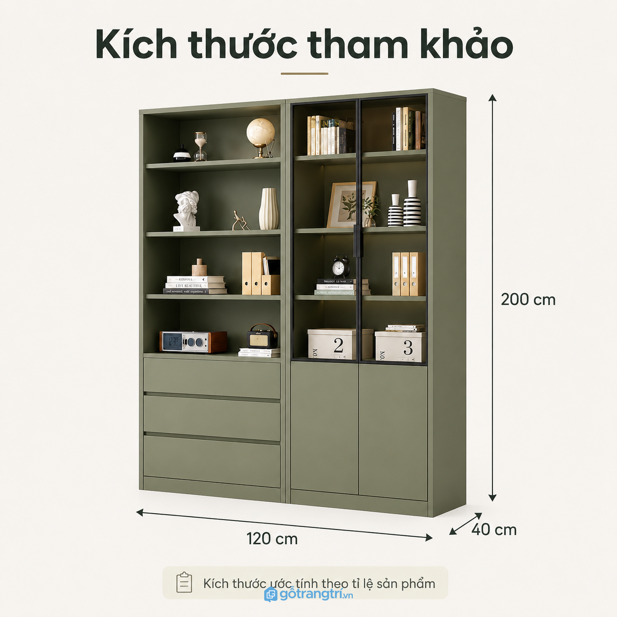 Tủ sách xanh olive cửa kính nhiều ngăn cho phòng khách và phòng làm việc Tủ sách xanh olive cửa kính nhiều ngăn cho phòng khách và phòng làm việc