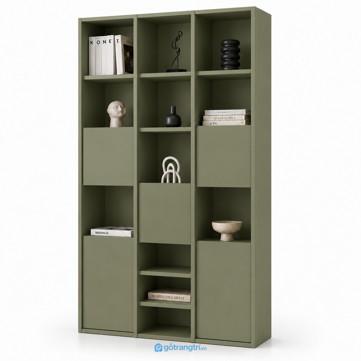 Tủ sách xanh olive nhiều khoang hiện đại GHS-2008 - 1200x350x2000mm - Xanh olive
