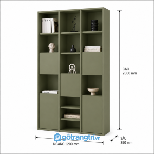 Tủ sách xanh olive nhiều khoang lưu trữ cho phòng khách và phòng làm việc