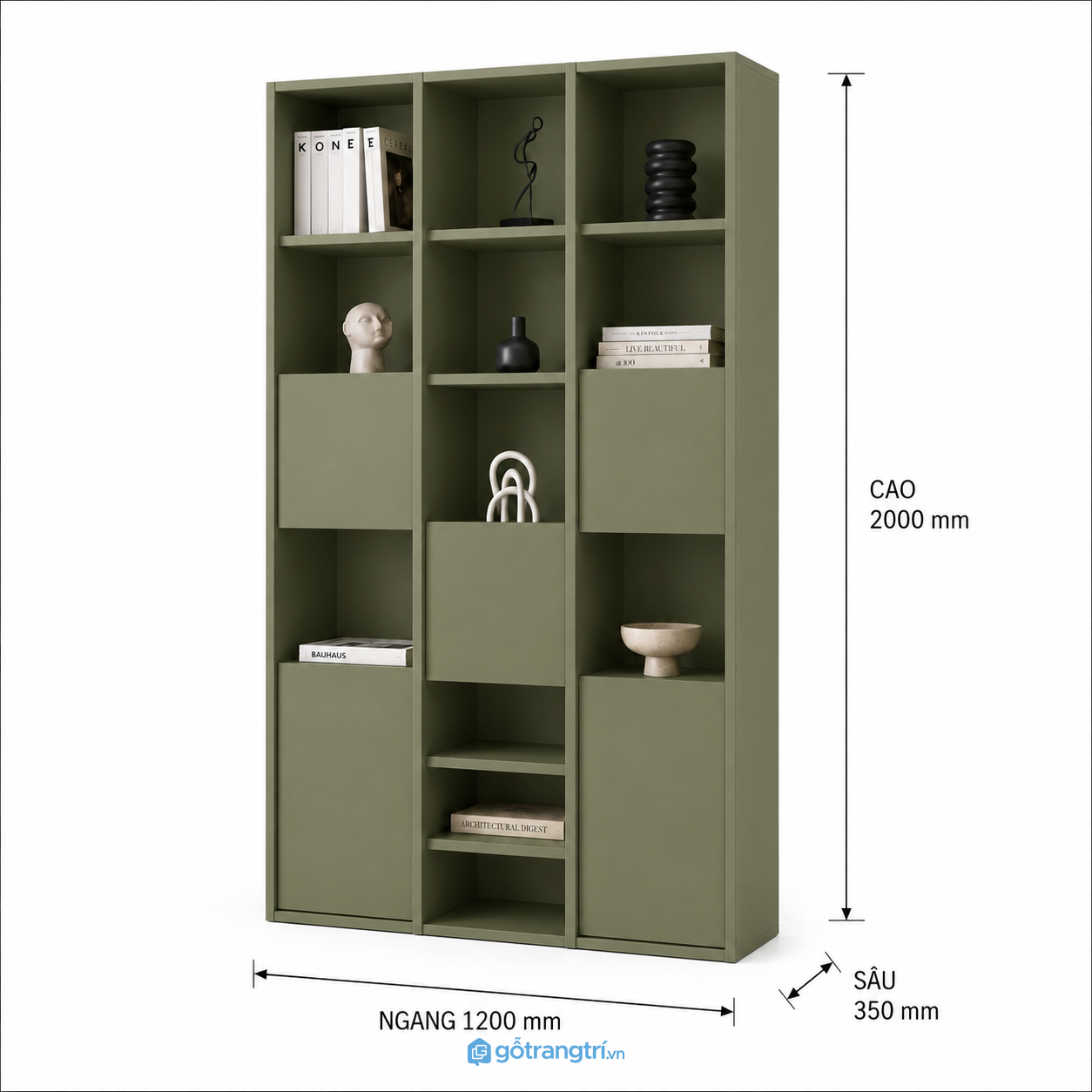 Tủ sách xanh olive nhiều khoang lưu trữ cho phòng khách và phòng làm việc