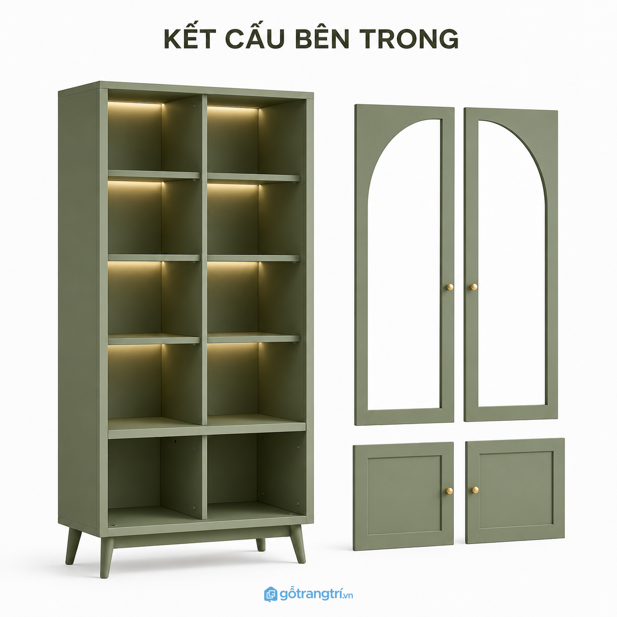 Tủ trưng bày cửa kính có đèn LED màu xanh olive GHS-5071 - hình ảnh thực tế 1