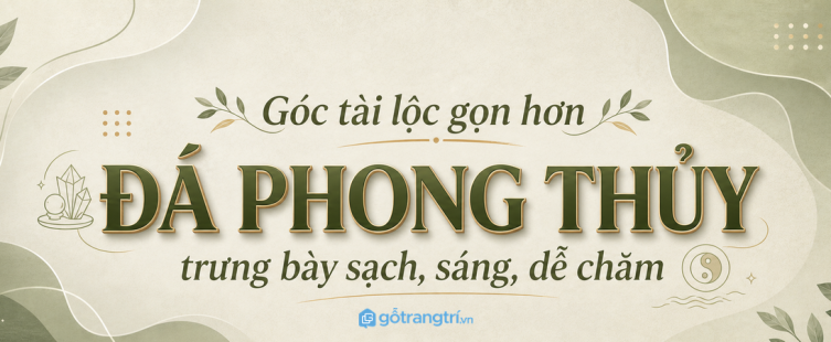 Tủ trưng bày đá phong thủy phòng khách nhỏ: gọn vật phẩm, sáng góc tài lộc, dễ lau bụi