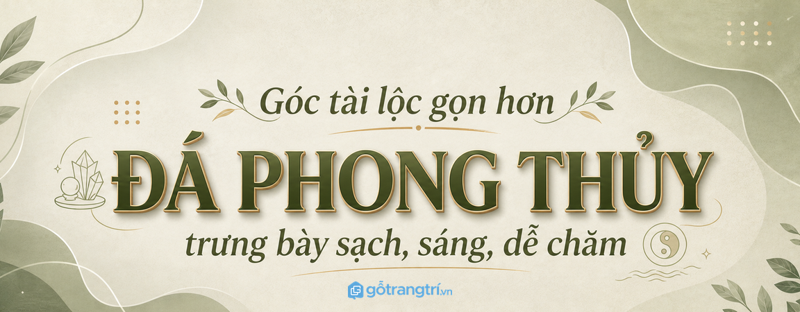 Tủ trưng bày đá phong thủy phòng khách nhỏ: gọn vật phẩm, sáng góc tài lộc, dễ lau bụi