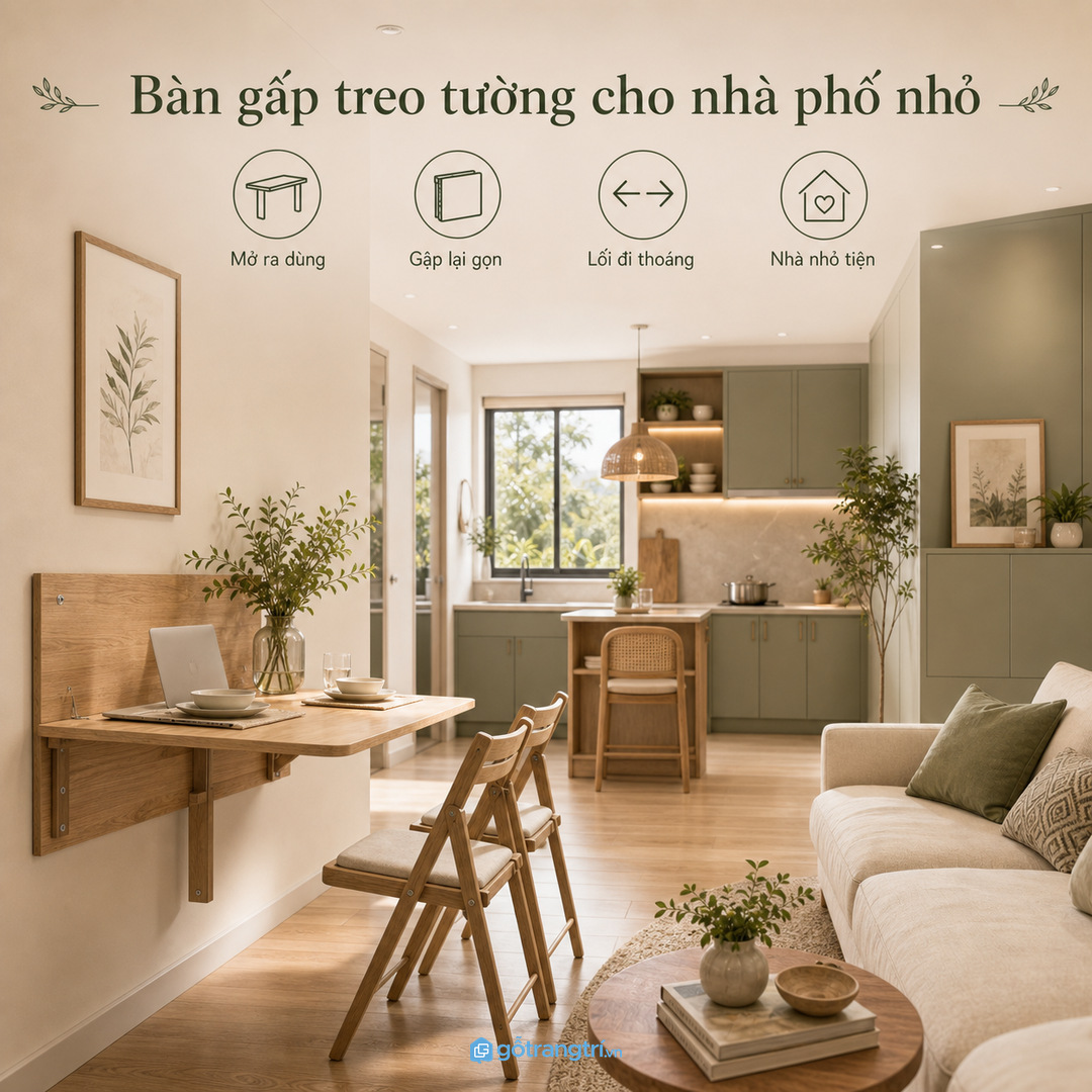 Bàn gấp treo tường giúp nhà phố nhỏ có thêm mặt bàn khi cần và gập lại gọn