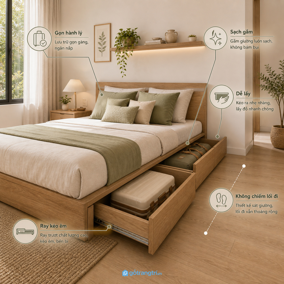 Hộc vali dưới gầm giường phòng ngủ nhỏ giúp hành lý gọn gàng dễ lấy và không chiếm lối đi