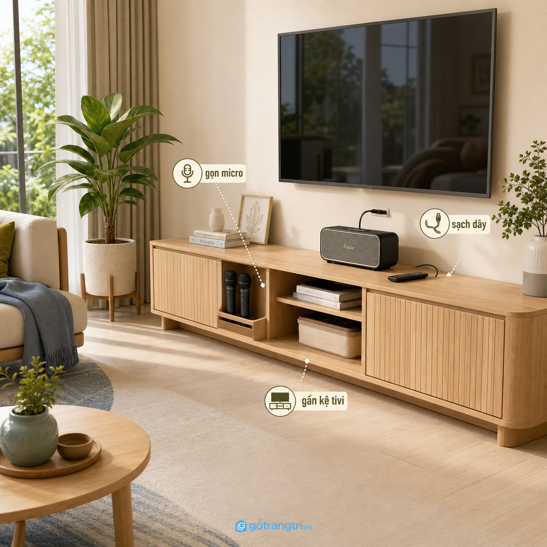 Tủ karaoke mini giúp phòng khách nhỏ gọn micro, sạch dây và dễ hát cùng gia đình