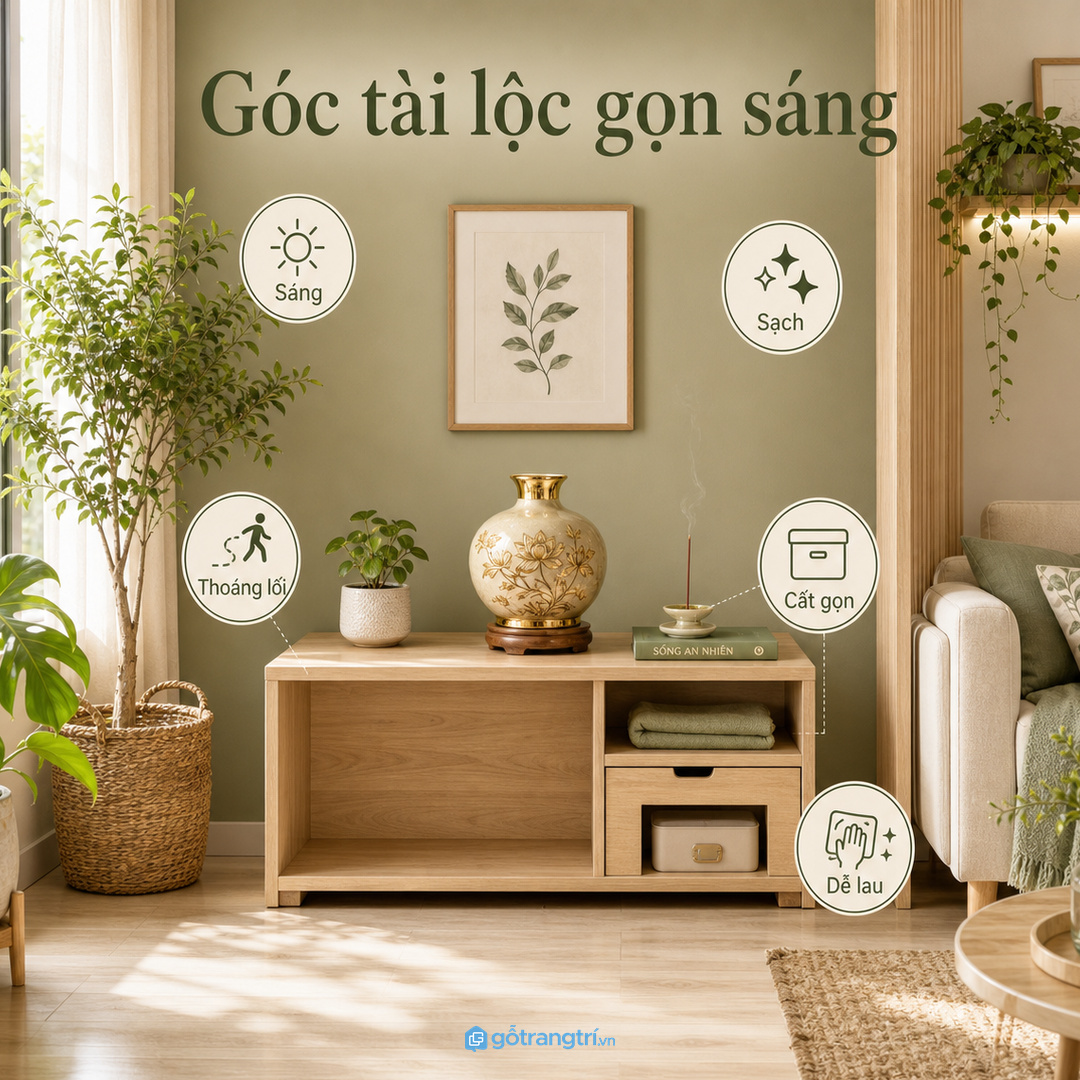 Kệ bình hút tài lộc phong thủy phòng khách nhỏ giúp góc vật phẩm sáng gọn và dễ lau