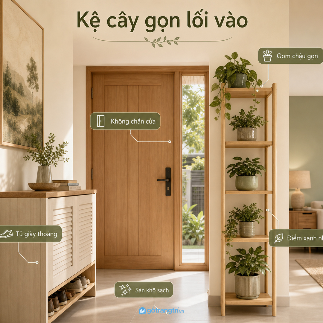 Kệ cây phong thủy giúp lối vào nhà nhỏ gọn chậu, sạch sàn và sáng sinh khí