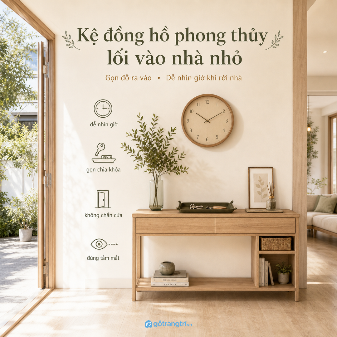 Kệ đồng hồ phong thủy lối vào giúp nhà nhỏ xem giờ tiện, cất đồ gọn và sáng hơn