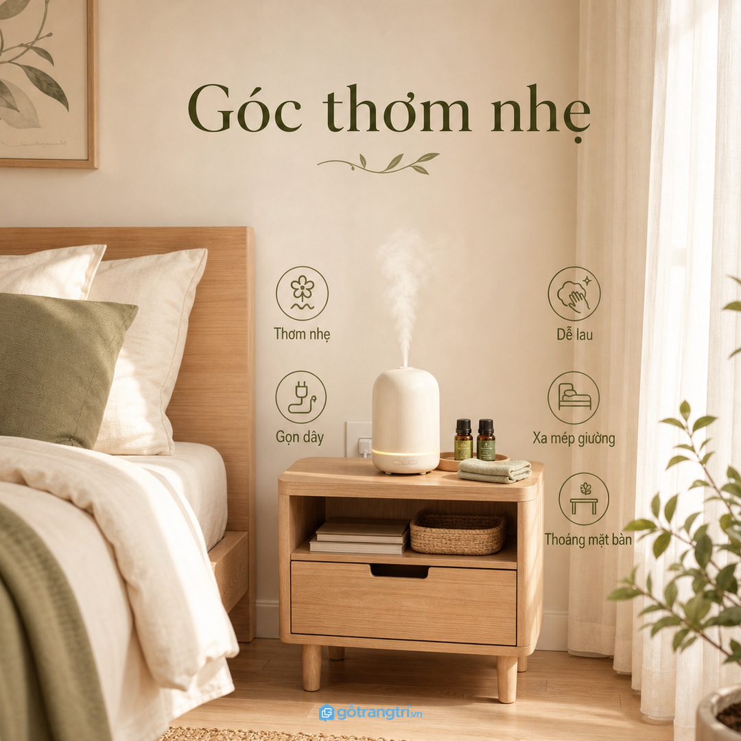 Kệ máy khuếch tán tinh dầu phòng ngủ nhỏ giúp góc đầu giường thơm nhẹ và gọn dây