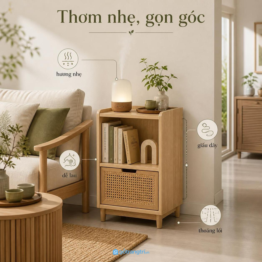 Kệ máy khuếch tán tinh dầu phong thủy giúp phòng khách nhỏ thơm nhẹ, gọn dây và dễ chăm