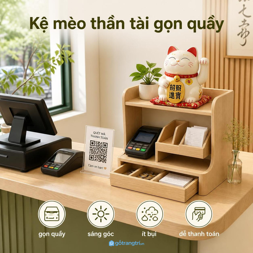 Kệ mèo thần tài cho quầy thu ngân nhỏ giúp vật phẩm có chỗ bày gọn và sáng góc