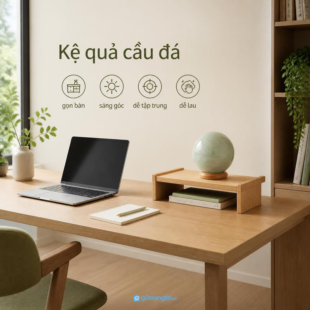 Kệ quả cầu đá phong thủy giúp bàn làm việc nhỏ gọn sáng góc và dễ tập trung
