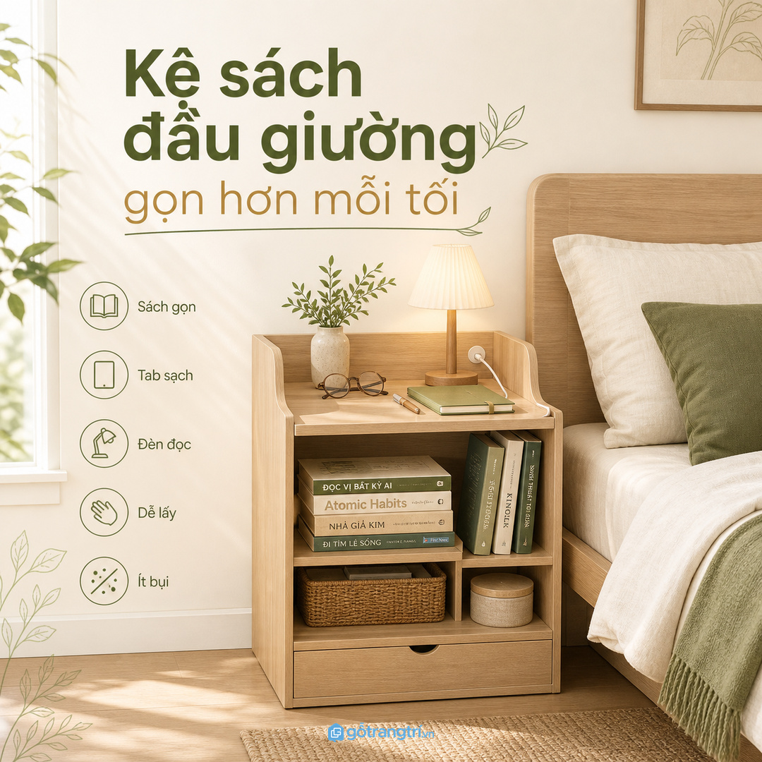 Kệ sách đầu giường phòng ngủ nhỏ gom sách kính dây sạc và đèn đọc vào một điểm gọn dịu