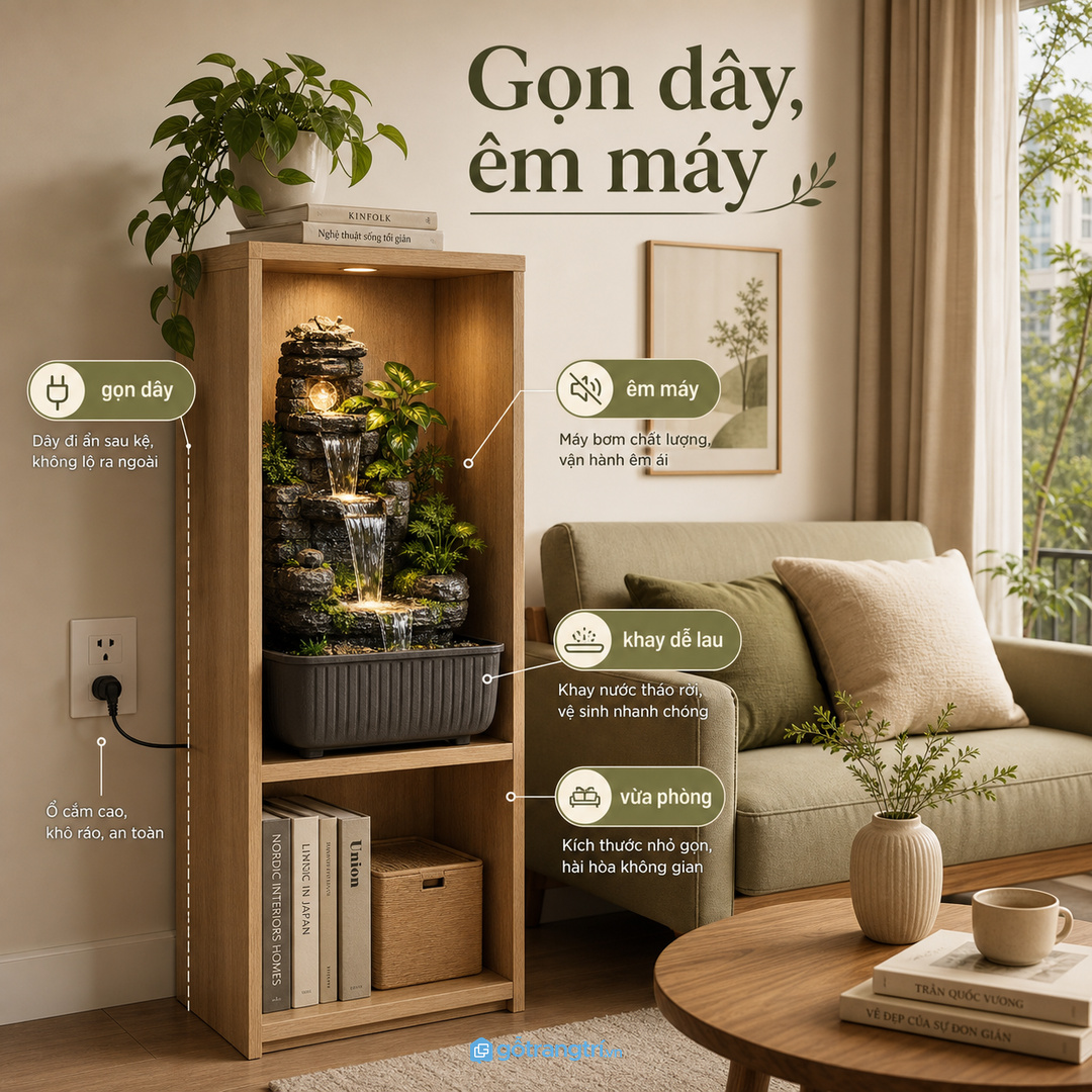 Kệ thác nước phong thủy phòng khách nhỏ nên gọn dây, êm máy và dễ chăm