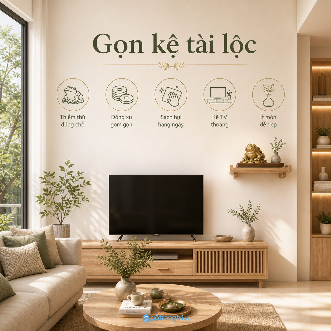 Kệ thiềm thừ phong thủy cho phòng khách nhỏ giúp bày vật phẩm tài lộc gọn, sạch bụi và không rối kệ tivi