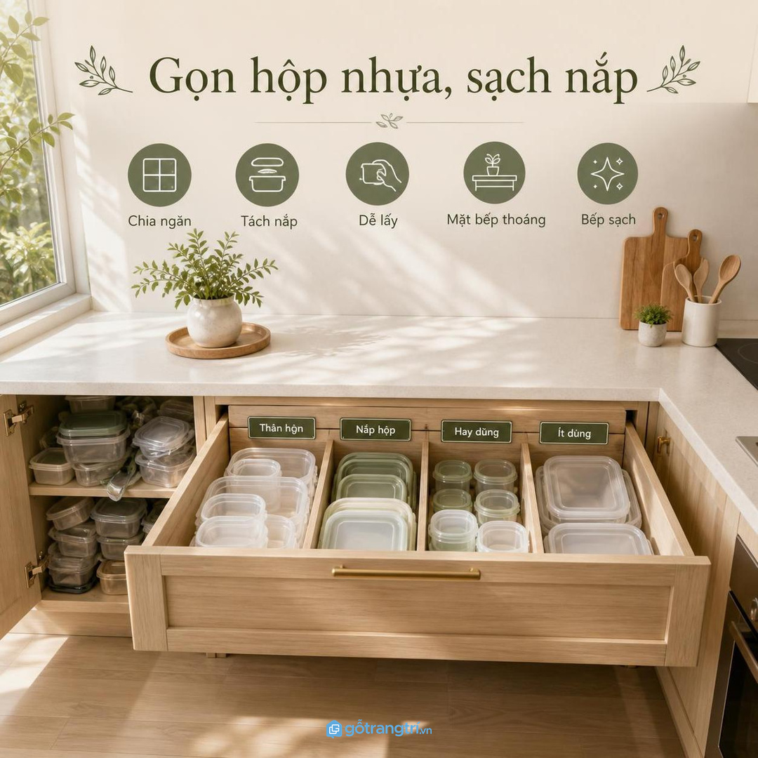 Ngăn kéo hộp nhựa tủ bếp giúp bếp nhỏ gọn thân hộp và sạch nắp hơn