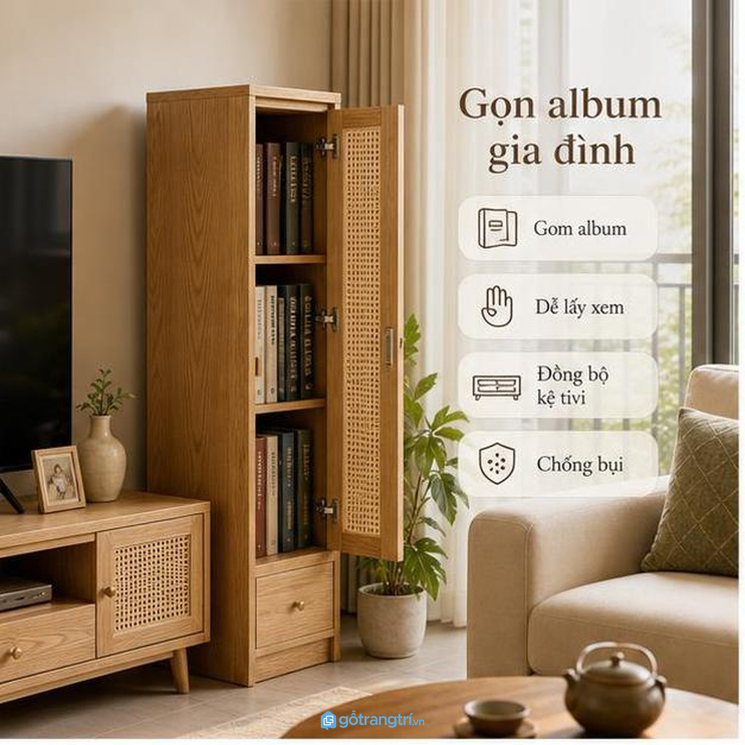 Tủ album ảnh gia đình phòng khách nhỏ gom ảnh giấy khung ảnh và hộp kỷ niệm vào một điểm gọn