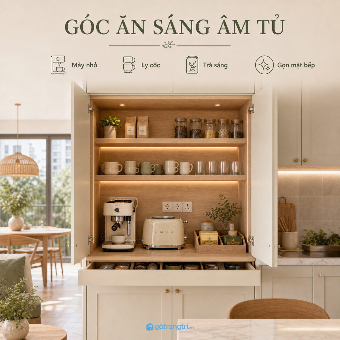 Tủ ăn sáng âm tủ bếp giúp máy nhỏ và ly cốc gọn hơn trong bếp nhỏ