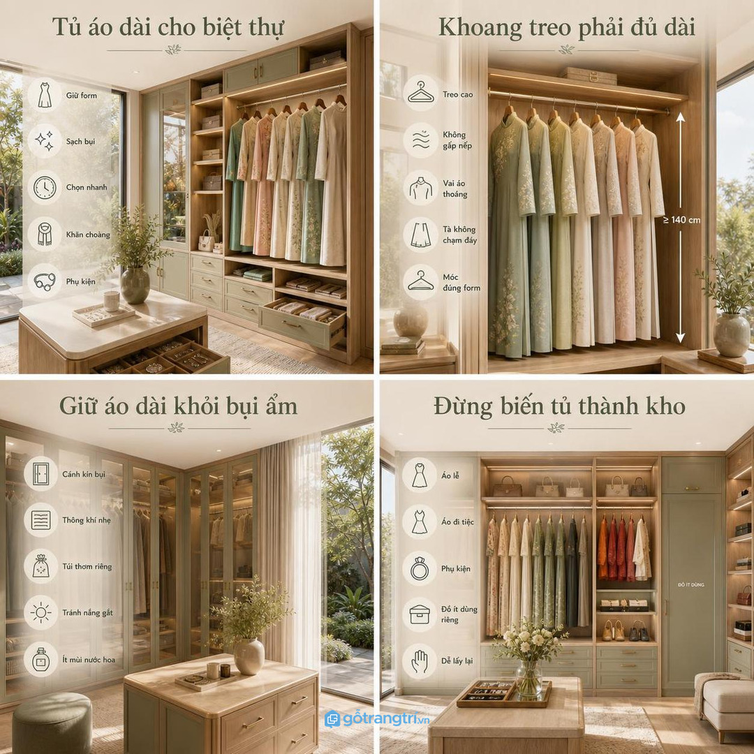 Tủ áo dài phòng thay đồ biệt thự giúp áo dài khăn lụa mấn và phụ kiện có chỗ cất riêng