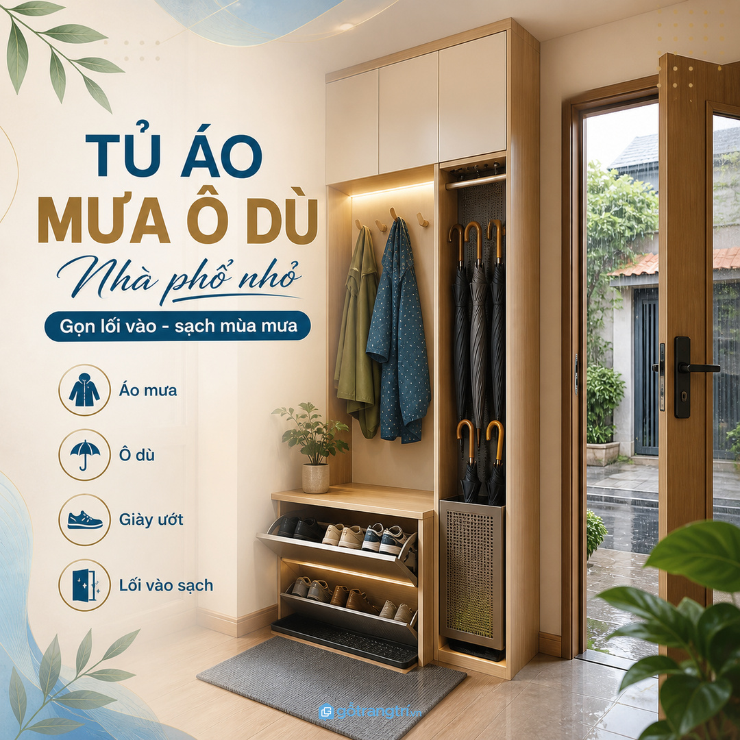 Tủ áo mưa ô dù giúp lối vào nhà phố nhỏ gọn hơn trong mùa mưa