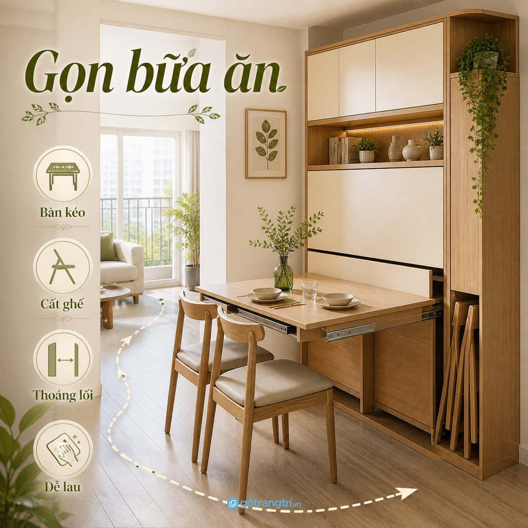 Tủ bàn ăn kéo trượt cho chung cư nhỏ giúp gọn bữa ăn và giữ lối đi thoáng sau khi dùng