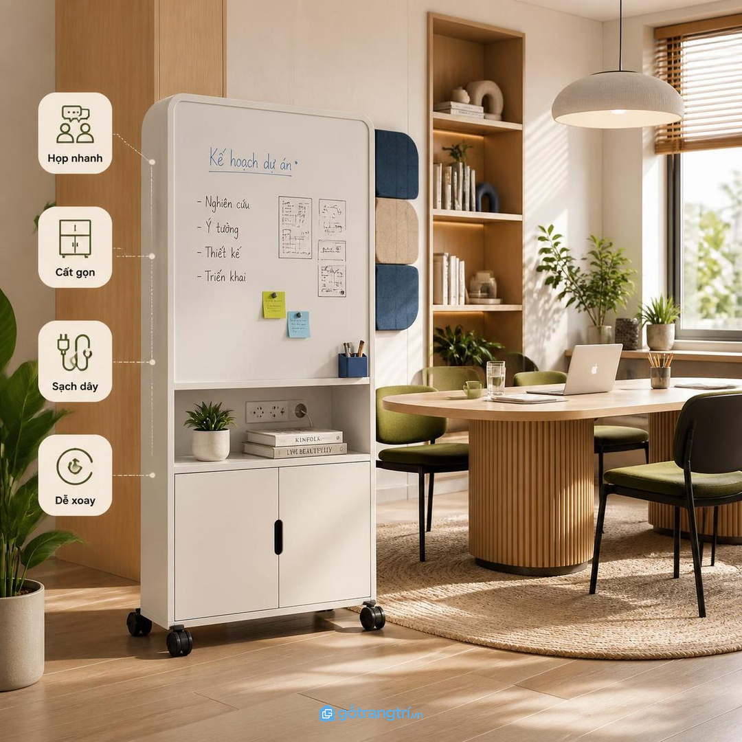Tủ bảng trắng di động giúp văn phòng nhỏ họp nhanh, cất gọn và giữ lối đi thoáng