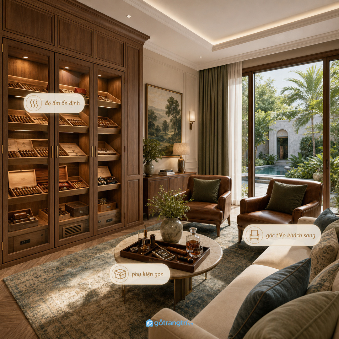 Tủ bảo quản cigar phòng lounge biệt thự giữ ẩm ổn định gọn phụ kiện và sang góc tiếp khách