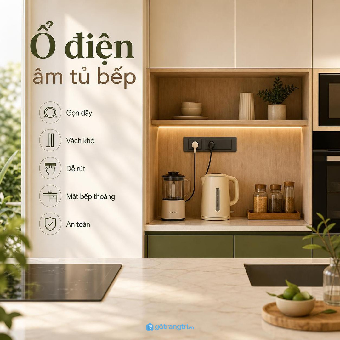 Tủ bếp có ổ điện âm giúp thiết bị nhỏ gọn dây và an toàn hơn