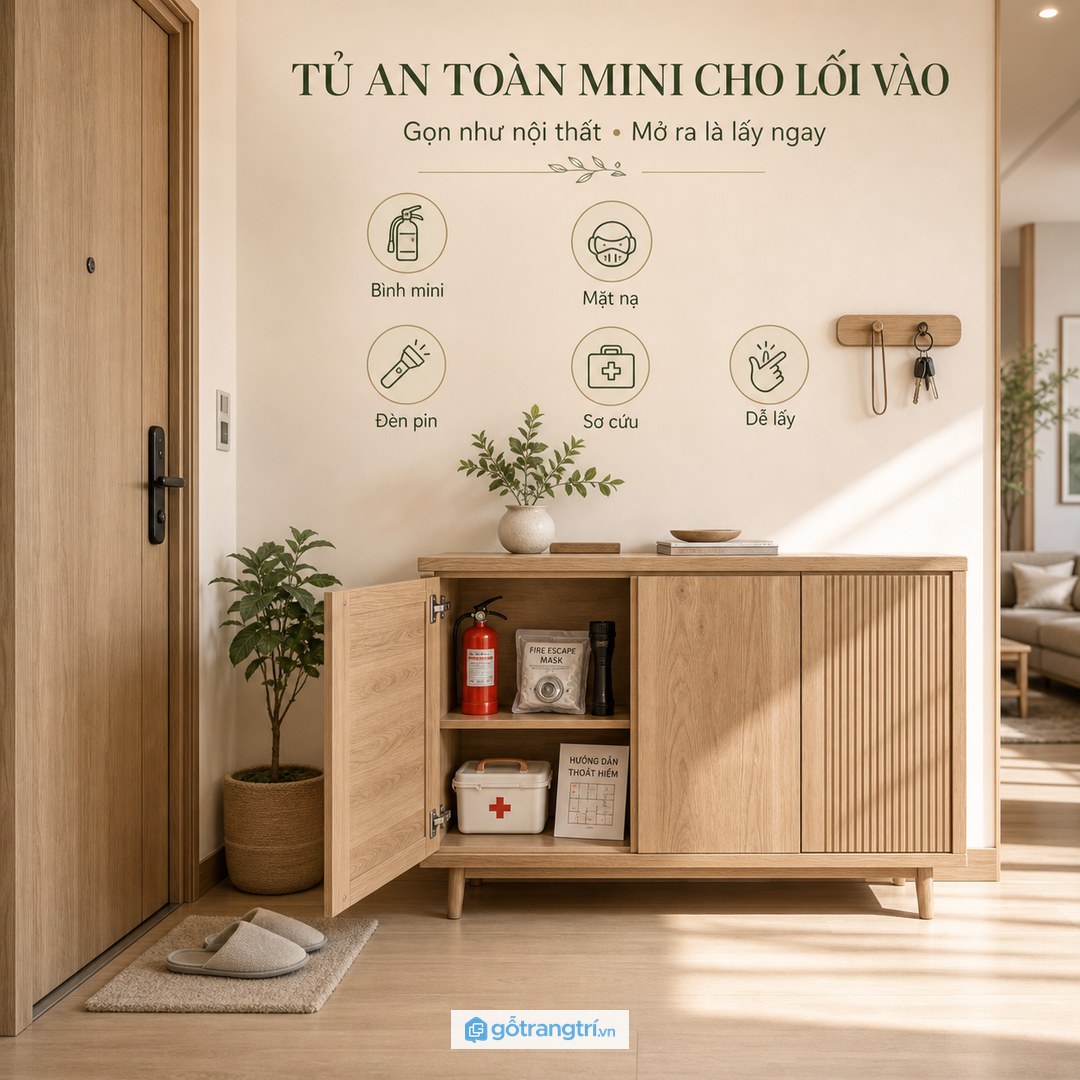 Tủ bình chữa cháy mini cho chung cư nhỏ gom bình chữa cháy mặt nạ thoát hiểm đèn pin và sơ cứu vào một điểm dễ lấy
