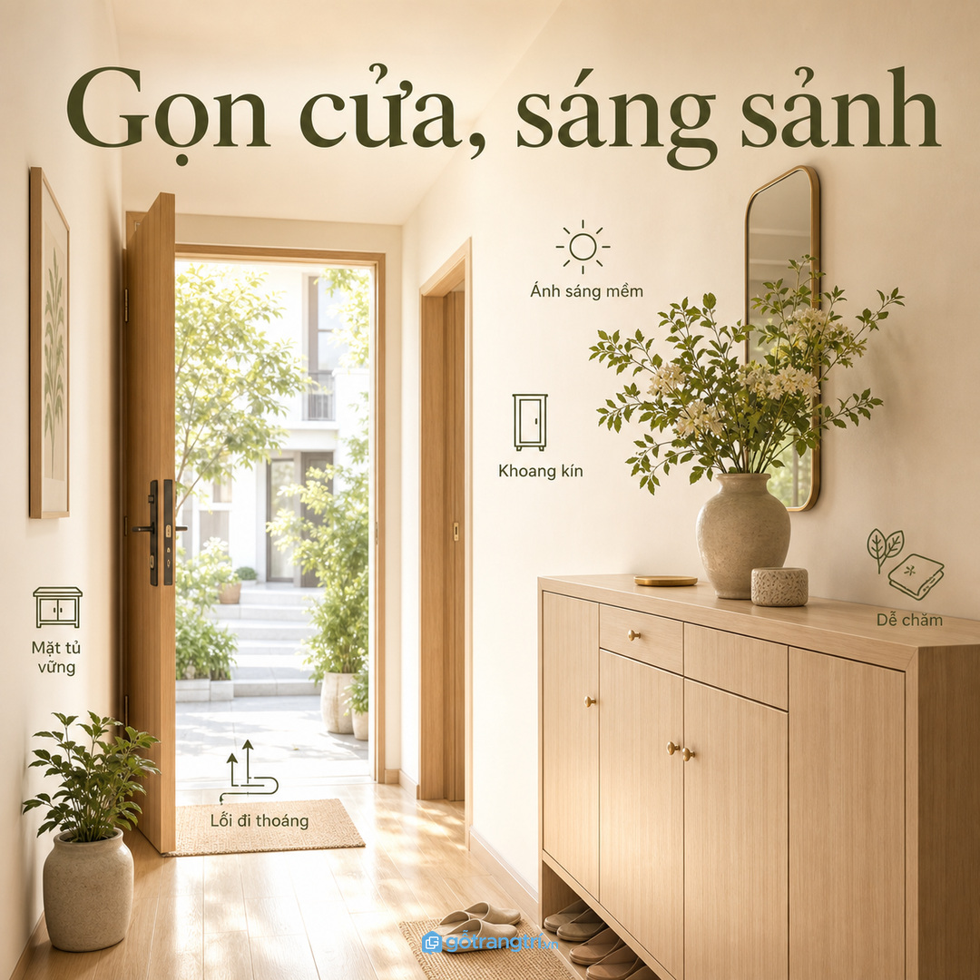 Tủ bình hoa phong thủy lối vào nhà nhỏ giúp cửa gọn, sảnh sáng và dễ chăm