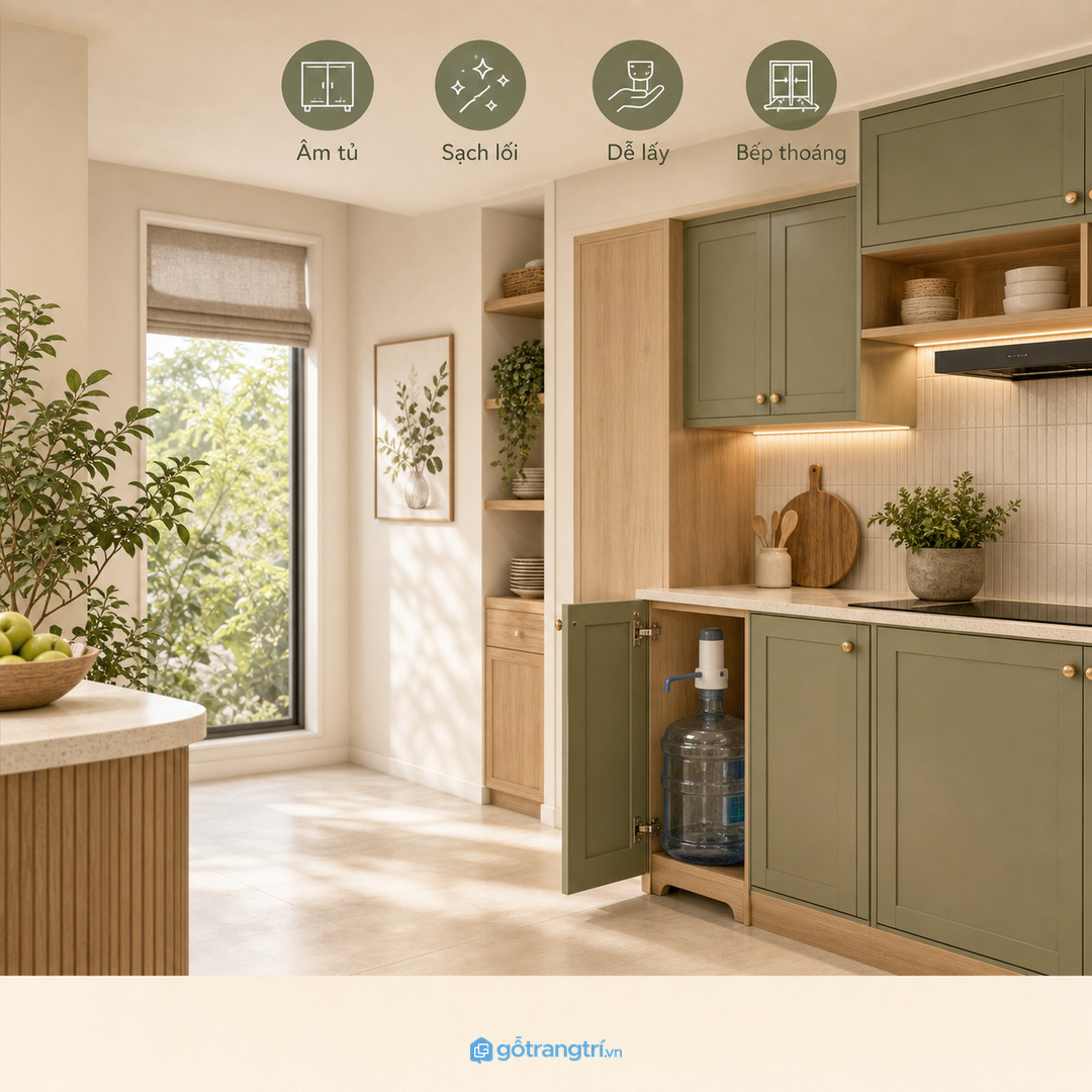 Tủ bình nước âm tủ bếp giúp bếp nhỏ sạch lối đi và dễ dùng hơn