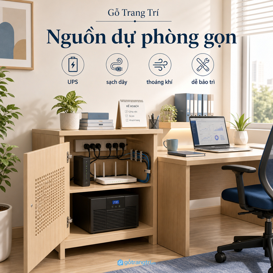 Tủ bộ lưu điện UPS cho văn phòng nhỏ giúp gom nguồn dự phòng và dây kỹ thuật gọn hơn