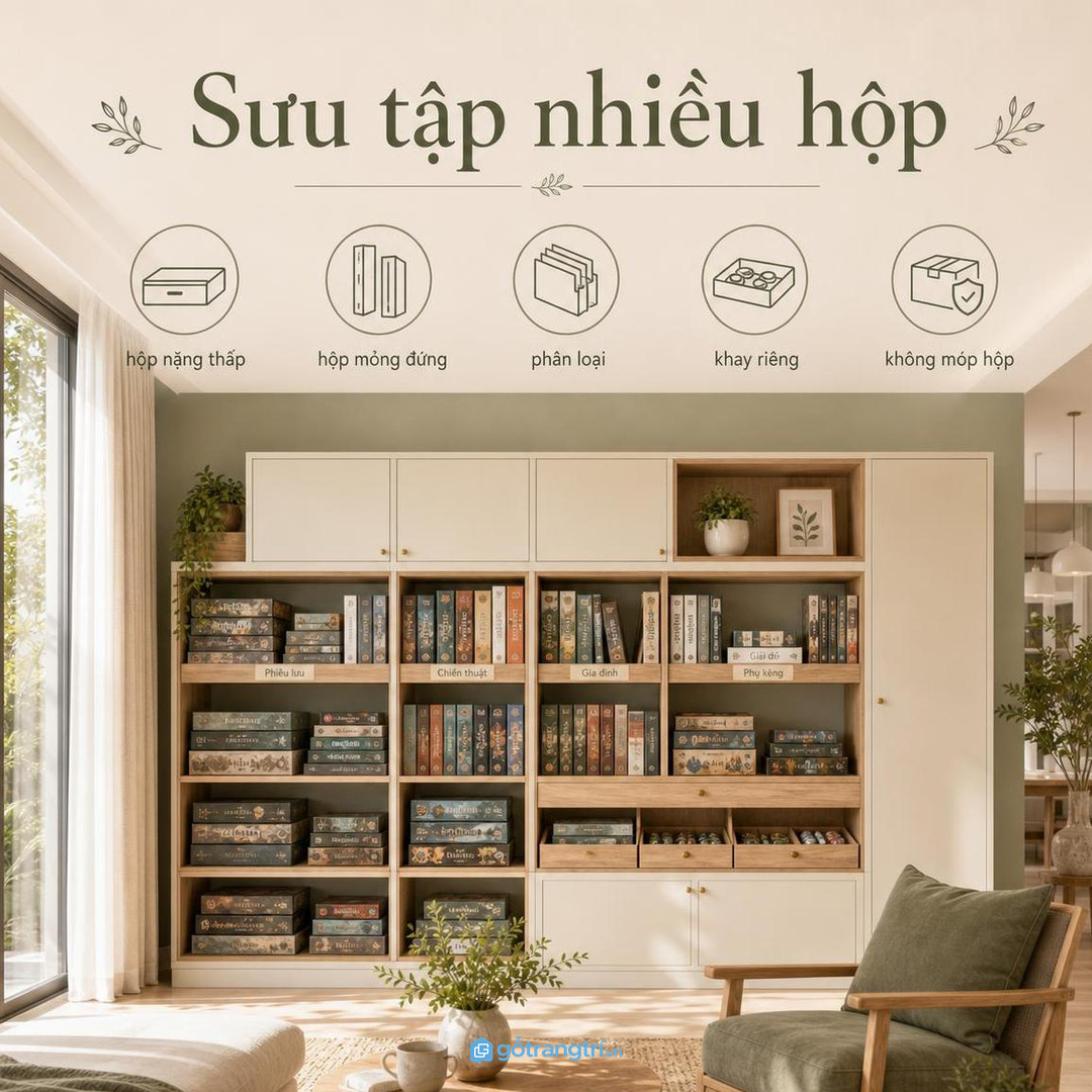 Tủ boardgame gia đình giúp gom hộp trò chơi, thẻ bài, quân cờ và sách luật vào một góc phòng khách gọn vui