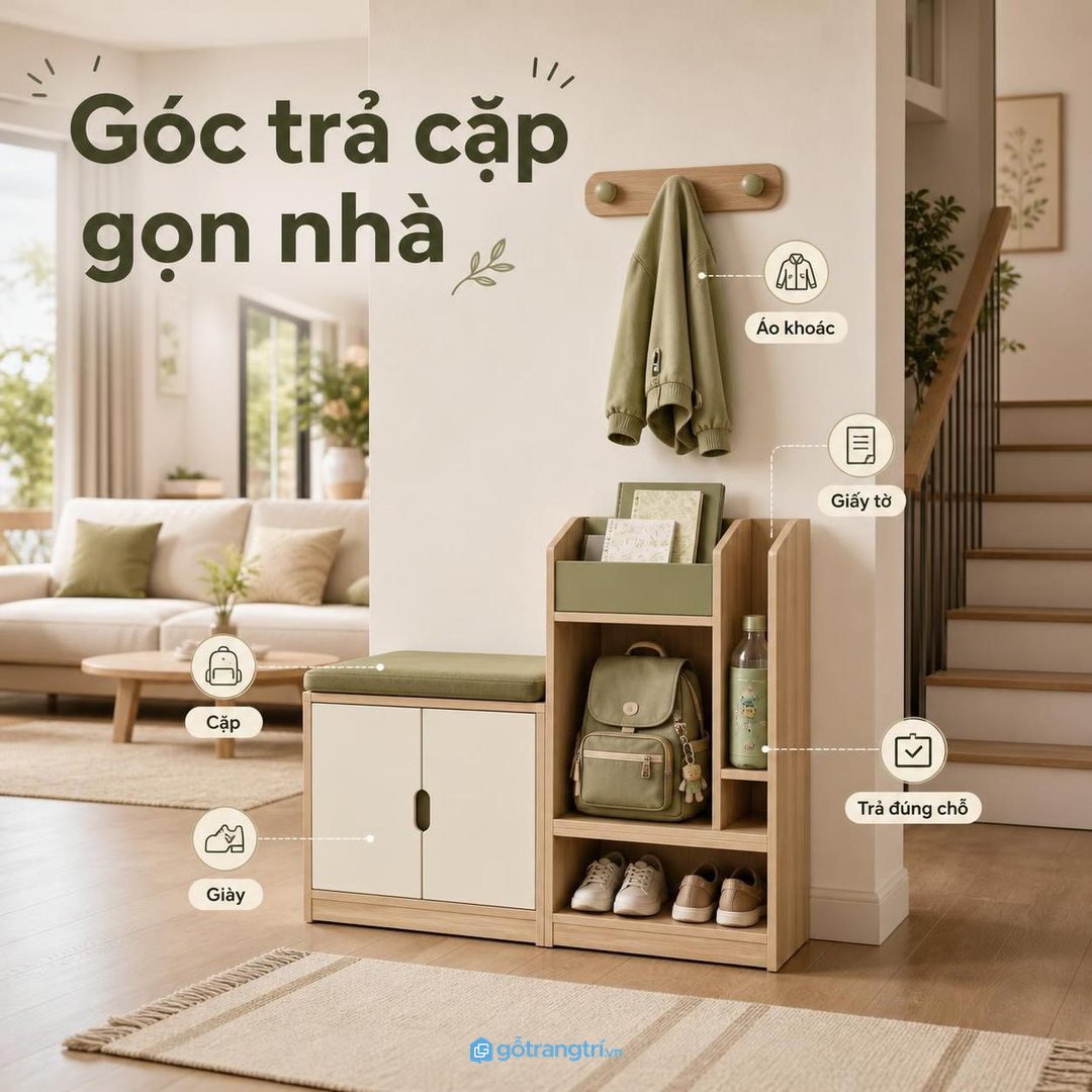 Tủ cặp sách trẻ em giúp gom balo, giày, áo khoác và đồ đi học vào một điểm dễ nhớ