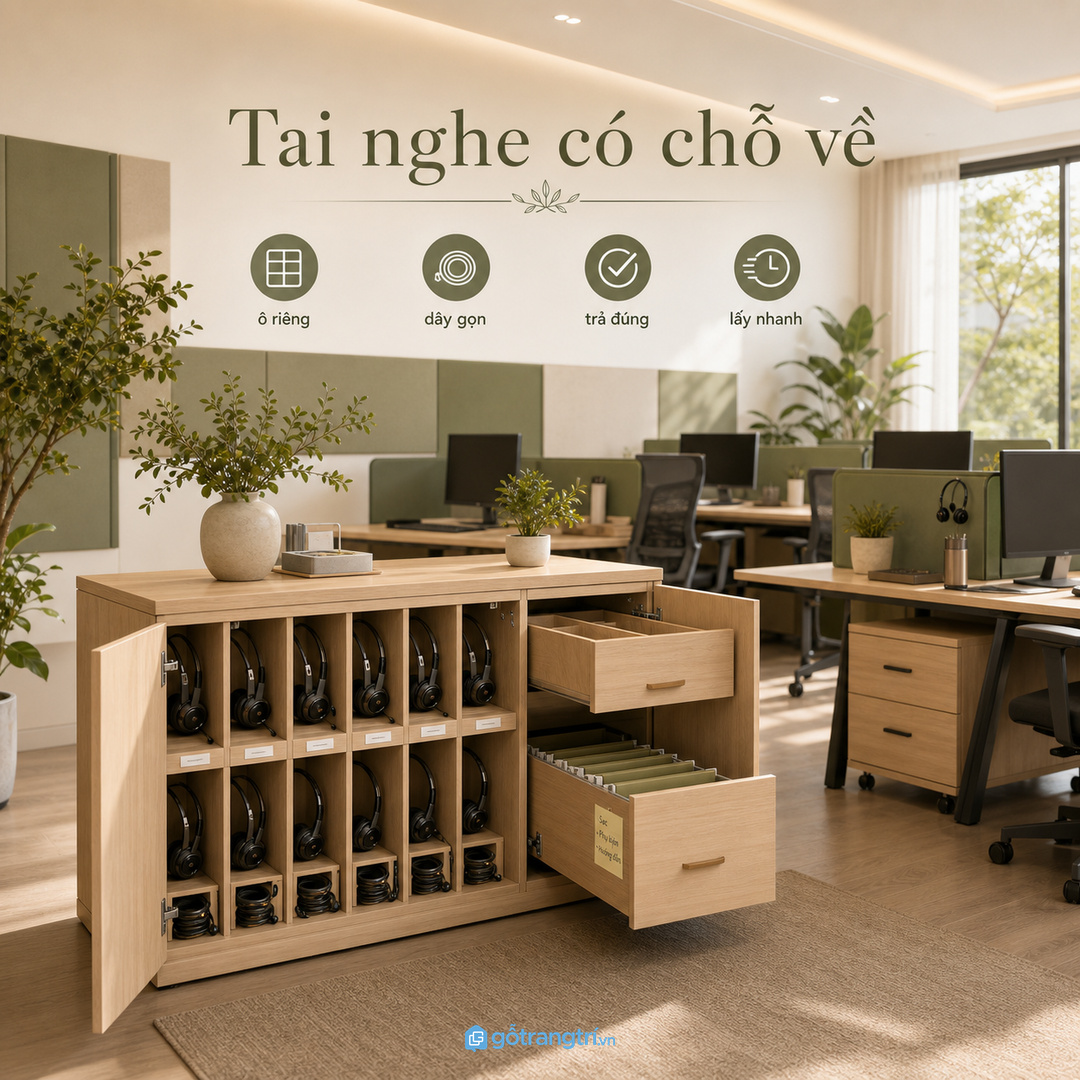 Tủ cất tai nghe giúp văn phòng nhỏ sạch dây và dễ bàn giao thiết bị