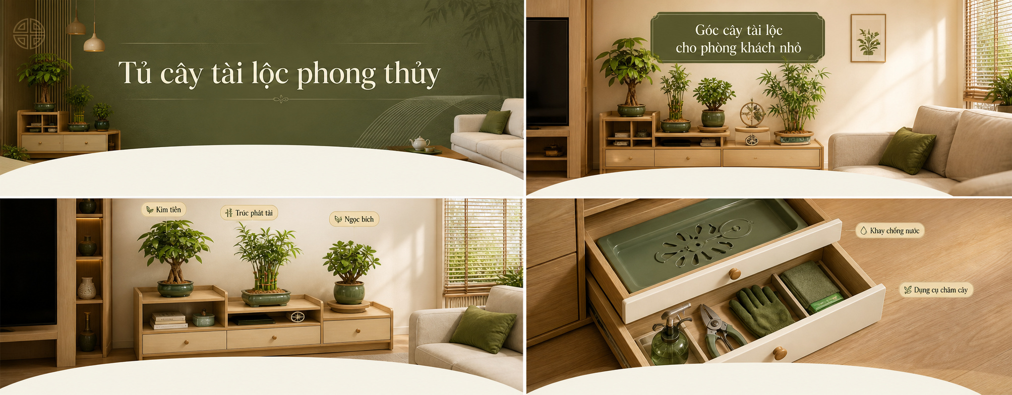 Tủ cây tài lộc phong thủy giúp phòng khách nhỏ có góc xanh gọn và sáng hơn.